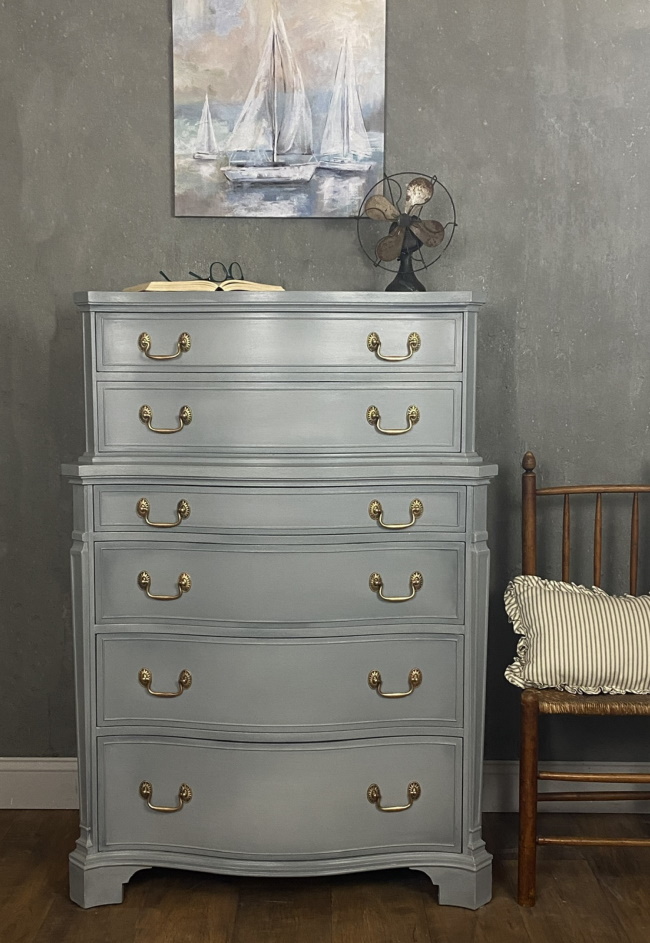 Tall painted French provincial dresser in gray tones