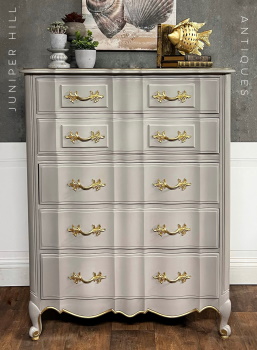 Tall dresser painted greige with gold accents