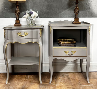 Mismatched nightstands, greige with gold accents